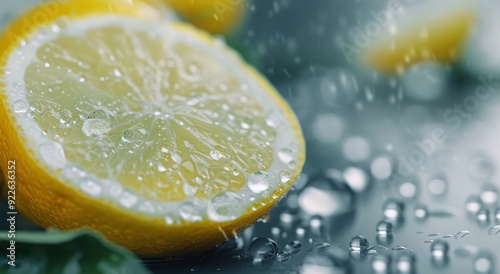 Fresh Lemon Slice on Table With Water Droplets and Soft Lighting
