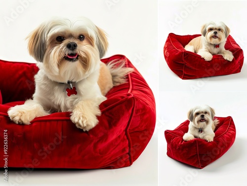 A small white dog laying on a red dog bed photo