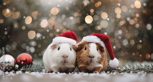 Adorable Guinea Pigs in Santa Hats Surrounded by Glittering Holiday Lights