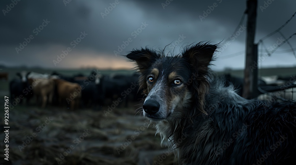 Shepherd dog standing protectively in front of a herd of cattle during a stormy night its serious eyes and growling teeth showing its readiness to defend against any threats
