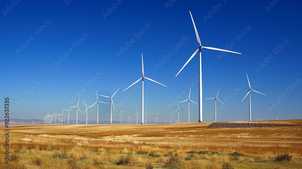 Vast  wind farm with numerous turbines spanning the open field under clear blue sky