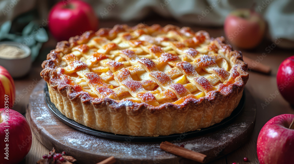Traditional apple pie with a lattice crust, freshly baked and dusted with powdered sugar, surrounded by apples and cinnamon, creating a cozy autumn dessert scene
Traditional apple pie with a lattice crust, freshly baked and dusted with powdered sugar, surrounded by apples and cinnamon, creating a cozy autumn dessert scene