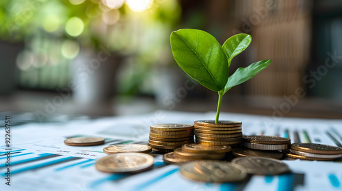 A green plant growing on coins against the background of a report on the financial structure of the business The concept of savings investments interest and economic growth 