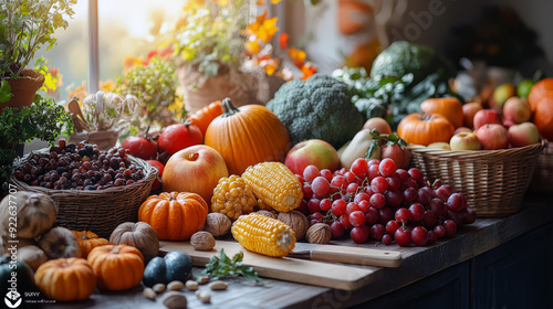 Abundant autumn harvest display in rustic kitchen with baskets of fresh fruits and vegetables, including apples, pumpkins, tomatoes, and leafy greens, illuminated by soft sunlight through the window 