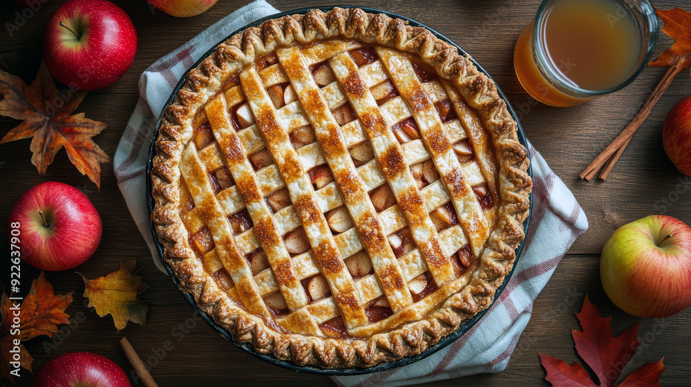 Traditional apple pie with a lattice crust, freshly baked and dusted with powdered sugar, surrounded by apples and cinnamon, creating a cozy autumn dessert scene
Traditional apple pie with a lattice crust, freshly baked and dusted with powdered sugar, surrounded by apples and cinnamon, creating a cozy autumn dessert scene