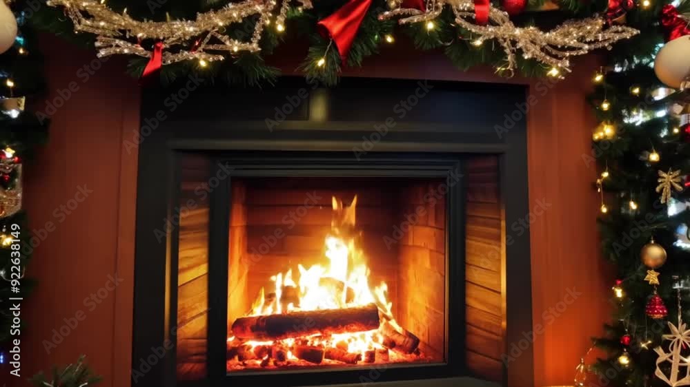 Warm and inviting Christmas scene with a roaring fireplace and festive garlands. Warm and inviting Christmas scene with a roaring fireplace and festive garlands.