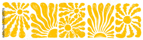 Set of simple modern hand drawn yellow art with abstract sun on a white background. Boho style design ideal for wall art, banner, poster, card, room decoration. Minimalist style sun art. Vector poster