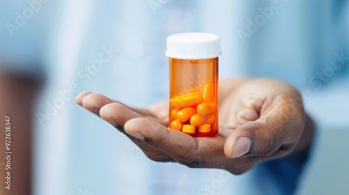 A hand holding a prescription bottle filled with orange capsules, symbolizing health and medication management. photo