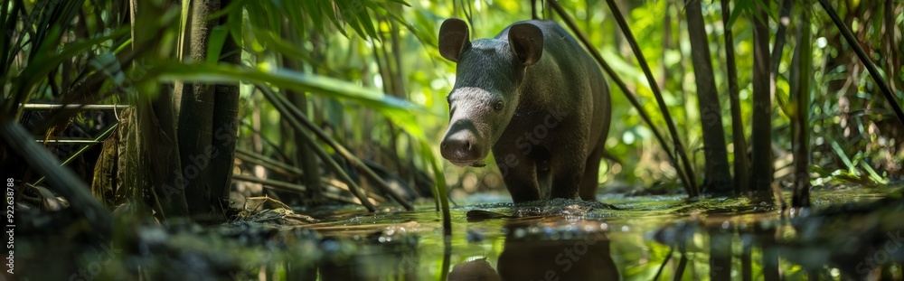 Tapir walks through the rainforest, its unusual body shape stands out among the plants Tapir walks through the rainforest, its unusual body shape stands out among the plants