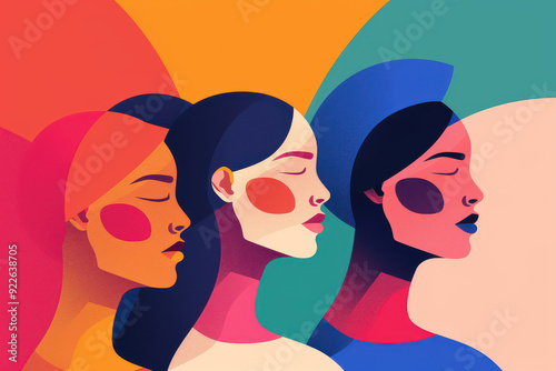 Colorful abstract representation of diverse women, showcasing beauty and individuality through artistic profiles and vibrant shapes.