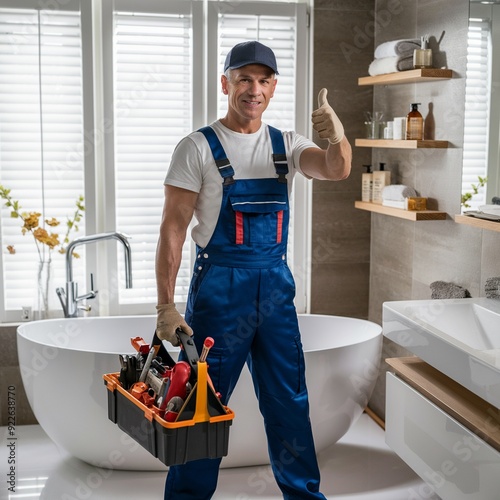 Skilled Plumber with Tools Giving Thumbs-Up at Your Home for Expert Plumbing Services, Reliable Plumber Showing Thumbs-Up with Tools: Home Plumbing Solutions You Can Trust, Certified Plumber with Tool photo