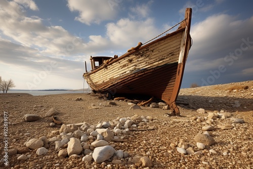 Maritime disaster  ship stranded on shore after running aground in a critical event
