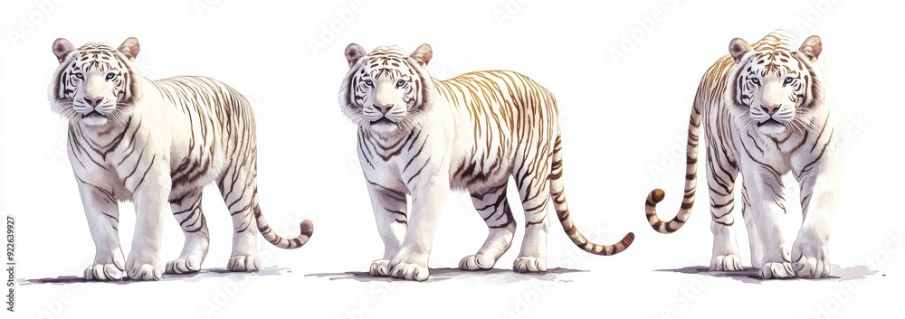 Fototapeta premium White tiger, three views from the same white background
