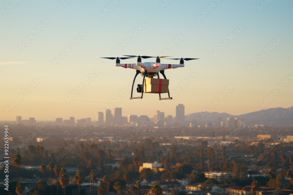 Drone delivery service hovers above cityscape at sunrise for efficient package transportation Drone delivery service hovers above cityscape at sunrise for efficient package transportation