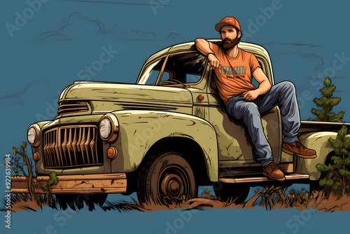 illustration of a trucker standing next to his pickup truck, redneck