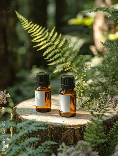 Two dark glass bottles of essential oil with black cap on a wooden podium against sunlit green forest background, bottle white label mockup. 