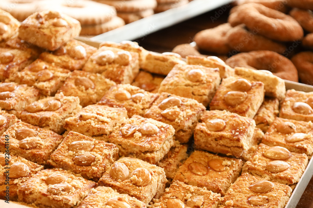 Spanish almond cookies called Almendrados in a pastry shop Spanish almond cookies called Almendrados in a pastry shop