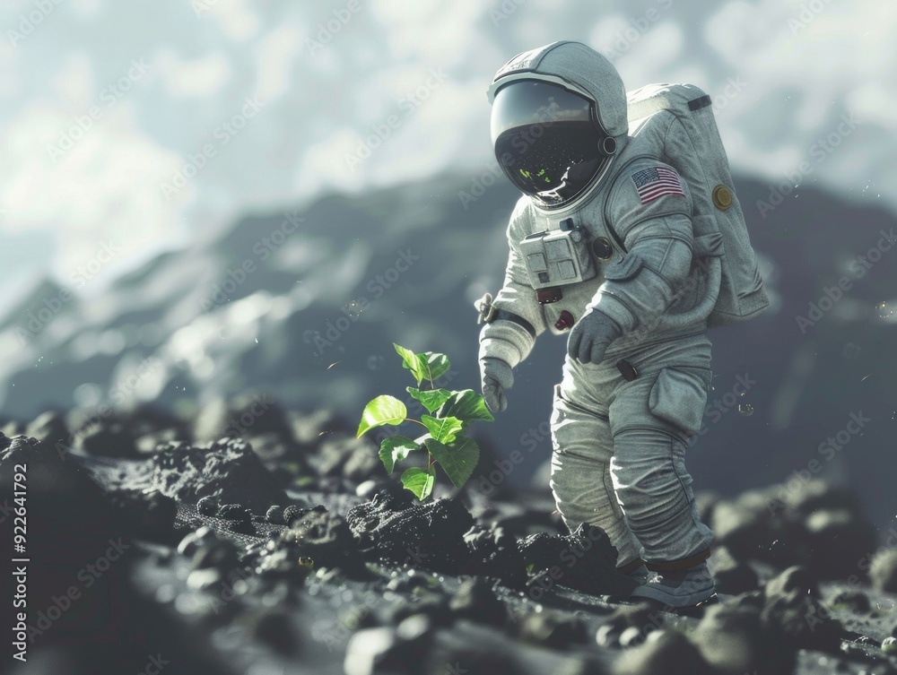 Astronaut in spacesuit carefully tending to a small plant growing on rocky alien soil, symbolizing life and survival in space Astronaut in spacesuit carefully tending to a small plant growing on rocky alien soil, symbolizing life and survival in space