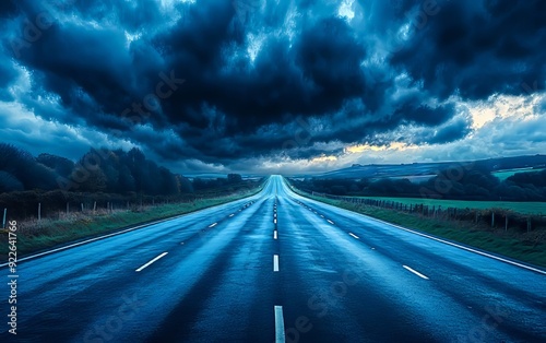 A long empty road in the middle of a dark cloudy sky