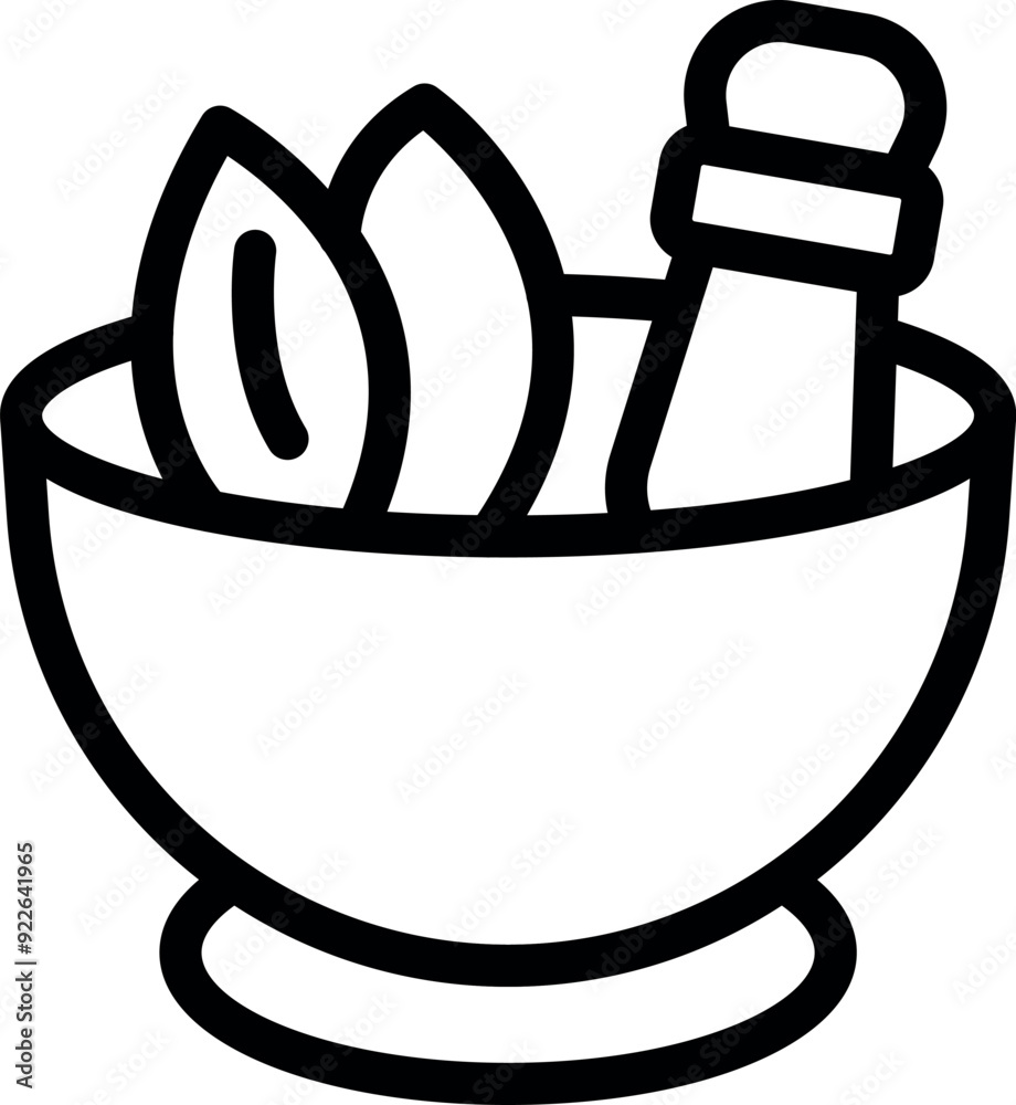 Simple icon representing a mortar and pestle crushing herbs for natural medicine preparation Simple icon representing a mortar and pestle crushing herbs for natural medicine preparation