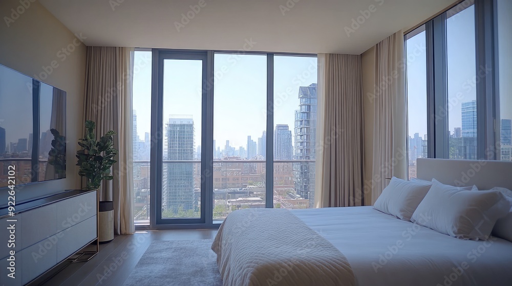 Floor-to-ceiling windows with blackout curtains, offering a perfect blend of light control and privacy. Floor-to-ceiling windows with blackout curtains, offering a perfect blend of light control and privacy.