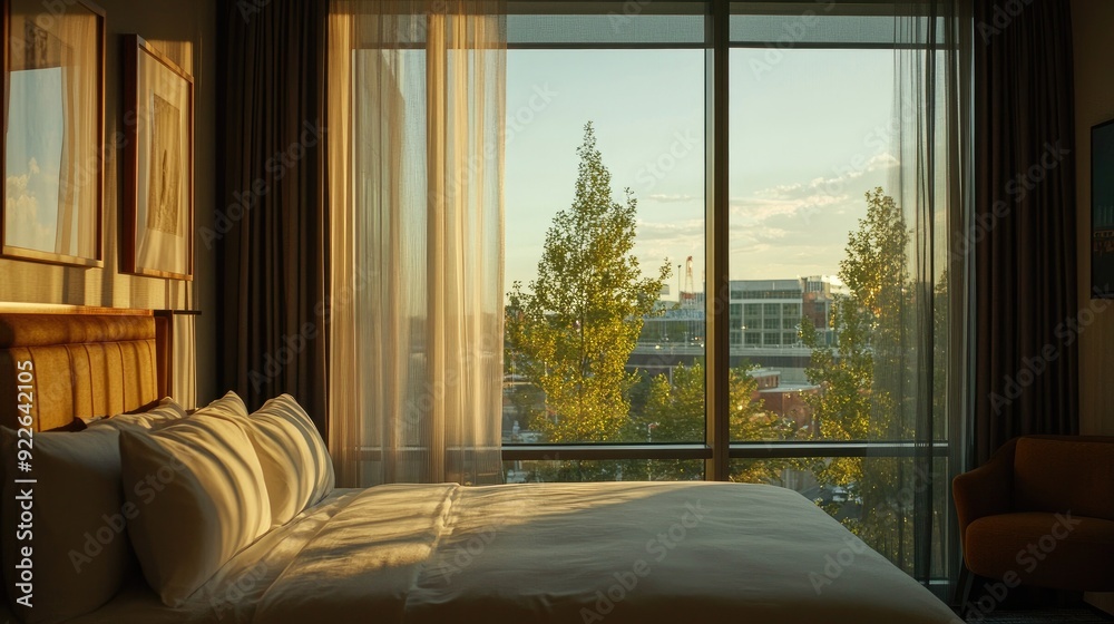 Floor-to-ceiling windows with blackout curtains, offering a perfect blend of light control and privacy. Floor-to-ceiling windows with blackout curtains, offering a perfect blend of light control and privacy.