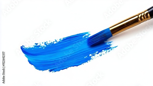 Fototapeta Naklejka Na Ścianę i Meble -  A blue paint brush with a gold handle on a white background
