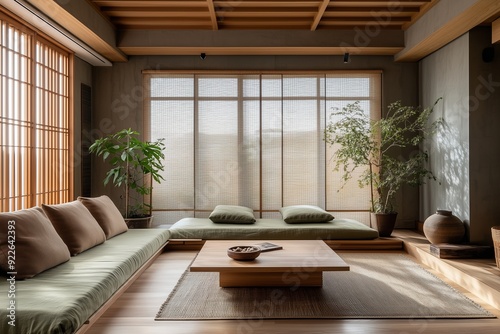 A Japandi living room featuring clean lines and natural materials