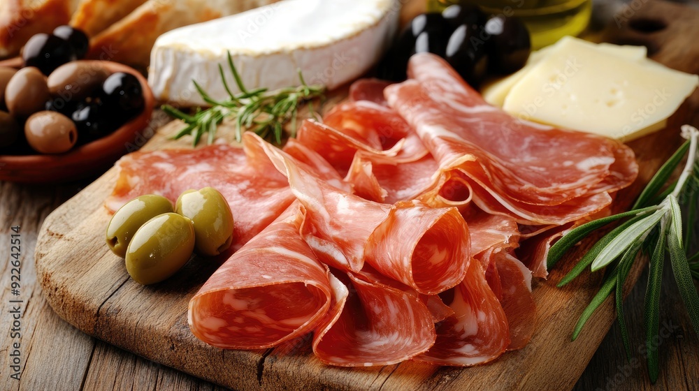 Freshly sliced prosciutto on a wooden board, with olives, cheese, and bread as accompaniments Freshly sliced prosciutto on a wooden board, with olives, cheese, and bread as accompaniments