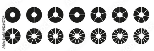Circle division 1, 2, 3, 4, 5, 6, 7, 8, 9, 10, 11, 12, 13, 14 equal parts. Round divided diagrams segments. Infographic set. Coaching blank. Pie chart. Lifestyle balance. Wheel life template.