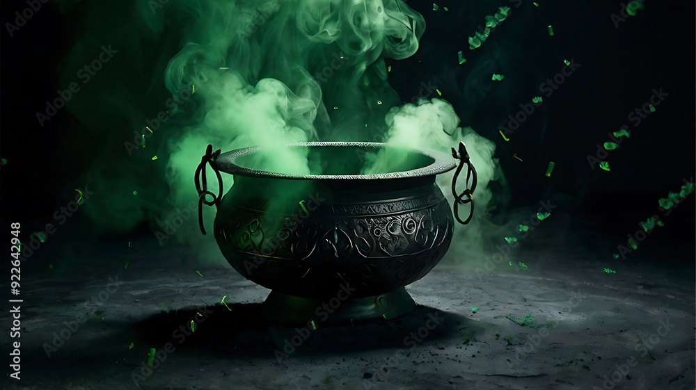Green potion brewing in a magical witch's cauldron, halloween illustration of witchcraft, green potion and foggy background Green potion brewing in a magical witch's cauldron, halloween illustration of witchcraft, green potion and foggy background