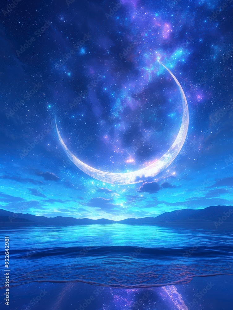 Obraz premium A serene night scene featuring a large crescent moon over a tranquil ocean with starry skies.