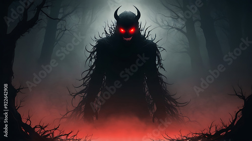 evil demon head on a dark background, mysterious monster with glowing eyes in dark, foggy woods