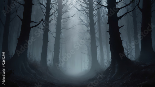 Fototapeta Naklejka Na Ścianę i Meble -  dark foggy forest in the night, scary illustration, spooky old forest, dark and foggy