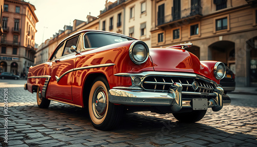 Vintage 1950s Car Parked on Cobblestone Street with Historic Buildings in Background (2)