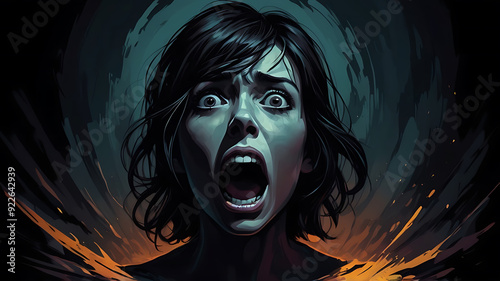 A closeup of afraid woman, abstract illustration of fear and scream, dark hallooween illustration	