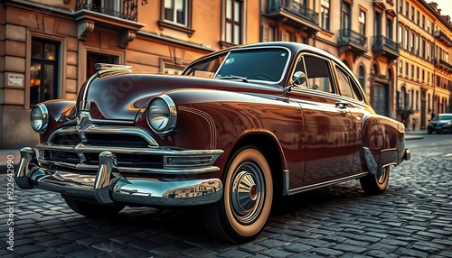 Vintage 1950s Car Parked on Cobblestone Street with Historic Buildings in Background (4)
