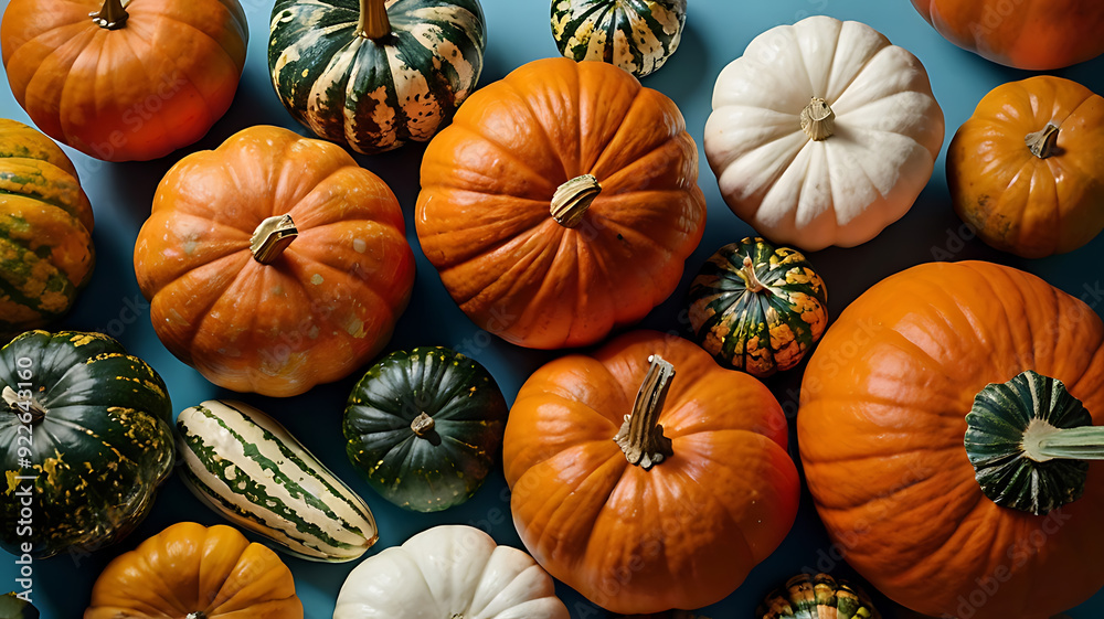 top view of various fresh ripe pumpkins as background, Colorful vegetable background, Beautiful autumn vegetables texture, Colorful assortment of pumpkins top view of various fresh ripe pumpkins as background, Colorful vegetable background, Beautiful autumn vegetables texture, Colorful assortment of pumpkins