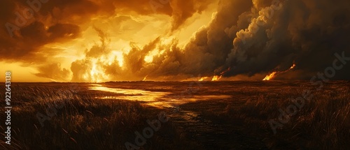 Apocalyptic Vision of a Fiery Sunset Over Barren Landscape. Generative AI