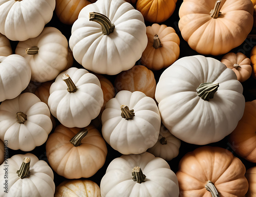 Collection of pumkins. Banner for autumn seasonal holidays background, Pile of many harvested white pumpkins at farmers marketCollection of pumkins. Banner for autumn seasonal holidays background, Pil