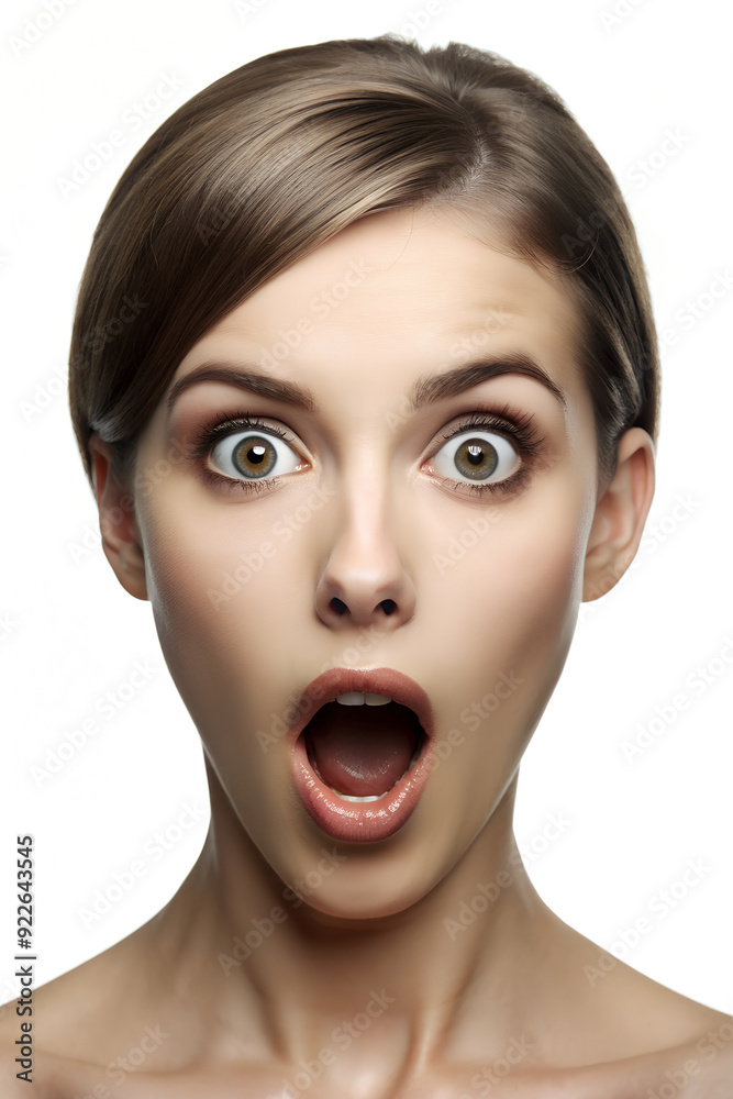 Illustration of 3d render style a young women with wide eyes, raised eyebrows, and mouth open in an O shape, hands covering their mouth to express surprise. isolated on white background