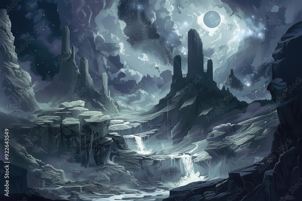 A Mystical Mountain Landscape with Waterfalls Under a Starry Night Sky A Mystical Mountain Landscape with Waterfalls Under a Starry Night Sky
