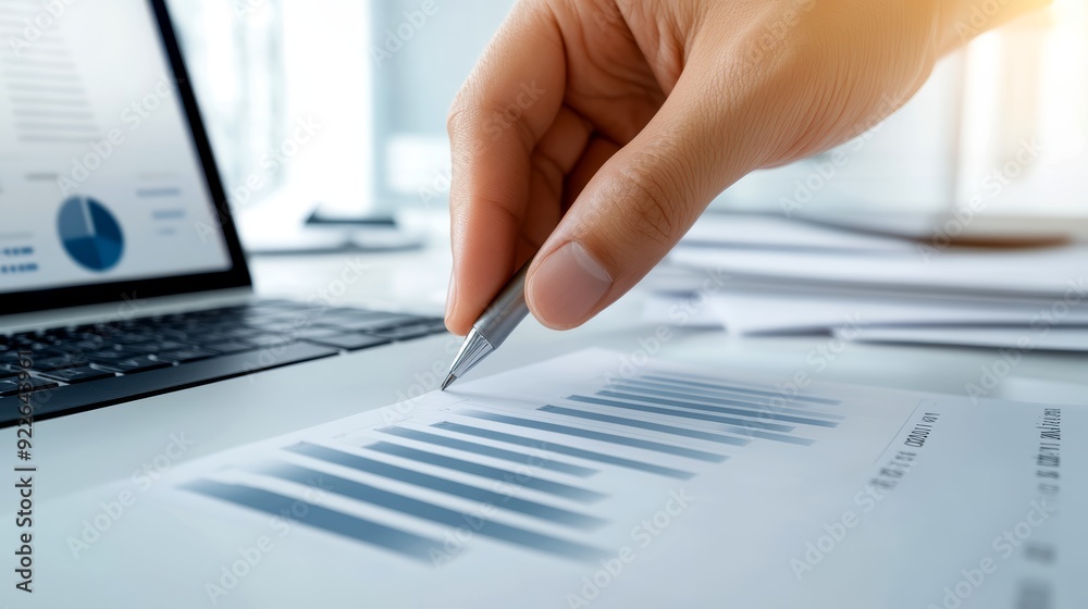 A close-up of a hand entering data into a financial spreadsheet, with a laptop and documents in the background, copy space for text, high-resolution photo, realistic photo A close-up of a hand entering data into a financial spreadsheet, with a laptop and documents in the background, copy space for text, high-resolution photo, realistic photo