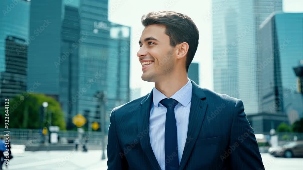 A young man dressed in a suit walks with confidence in a vibrant city, showcasing a positive attitude against a backdrop of modern skyscrapers.