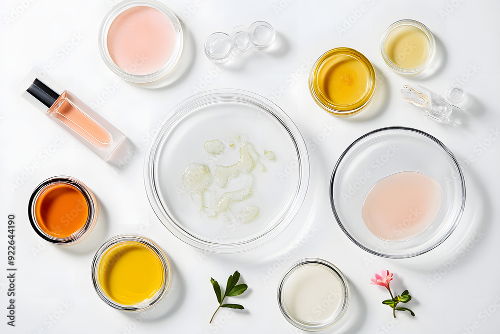 Petri dishes with different cosmetic products on white background, flat lay Petri dishes with different cosmetic products on white background, flat lay