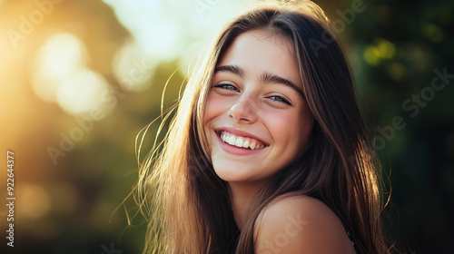 Retrato de uma adolescente morena sorridente com cabelos glamorosos