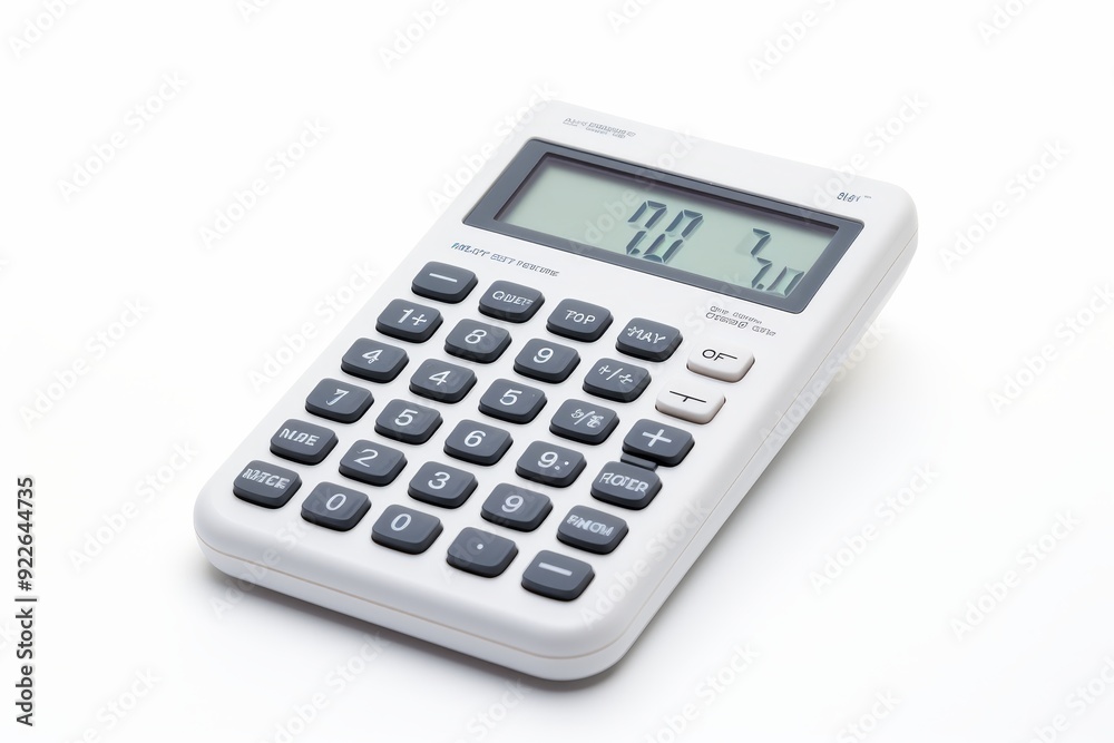 Close up perspective of a calculator on a simple plain white background for detailed observation Close up perspective of a calculator on a simple plain white background for detailed observation