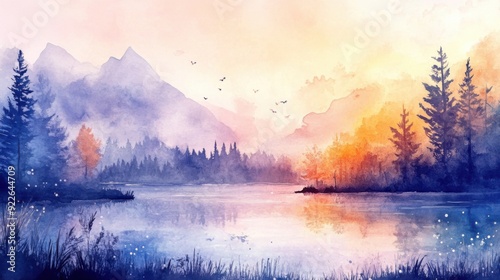 A tranquil watercolor painting featuring a mountain lake at sunrise, surrounded by forest and misty mountains.