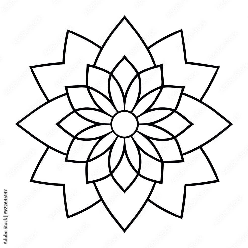 Black Indian mandala on white background. Decorative flower drawing for meditation coloring book. Ethnic floral design element, round hand drawn illustration, line art. Black Indian mandala on white background. Decorative flower drawing for meditation coloring book. Ethnic floral design element, round hand drawn illustration, line art.