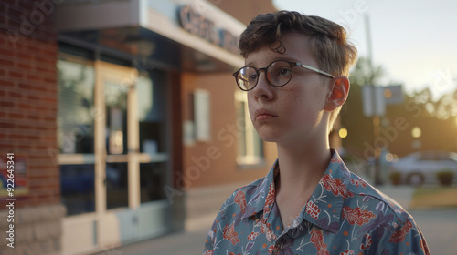 A teen transgender girl boy teenager standing outside a clinic hospital building setting looking off camera left